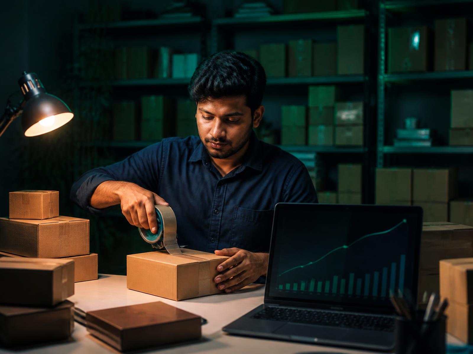 A Bangladeshi online seller packing parcels beside a laptop showing DropShop BD order growth
